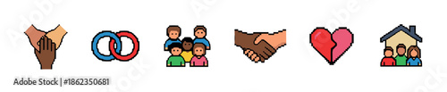 Collection of colorful pixel art relationship icons showing unity, marriage, community, partnership, heartbreak, and family life in a retro 8-bit video game style