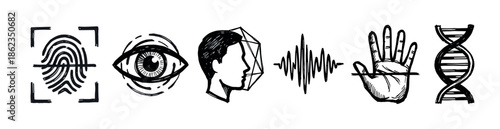 Set of black hand-drawn biometric identification icons including a fingerprint, eye, face, voice, hand, and DNA helix, representing modern security and identity verification concepts