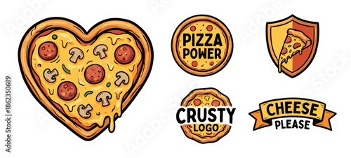 Collection of cartoon pizza logos and emblems featuring a heart-shaped pie, a slice on a shield, and various fun slogans for a pizzeria or fast food restaurant branding