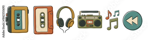 Set of retro music illustrations featuring a cassette player, tape, headphones, boombox, and musical notes in a charming hand-drawn doodle style with a nostalgic vintage feel