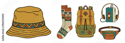 Set of hand-drawn vintage hiking gear with a rucksack, patterned socks, bucket hat, waist bag, and portable music player, illustrated in a colorful retro aesthetic