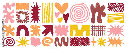 Pink red girl set abstract organic shapes, ornate, cute flowing, grunge style, freehand textured shapes and doodles. brush, spirals aerial shapes, grid stars, heart. textured messy brush strokes of