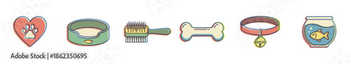 Set of six pet care icons including a heart with a paw, bed, brush, bone, collar, and fishbowl in a colorful retro hand-drawn illustration style