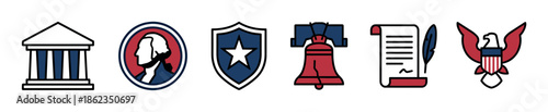 Set of six patriotic government icons representing history and freedom, including a courthouse, bell, eagle, shield, document, and a portrait emblem in a flat line art style
