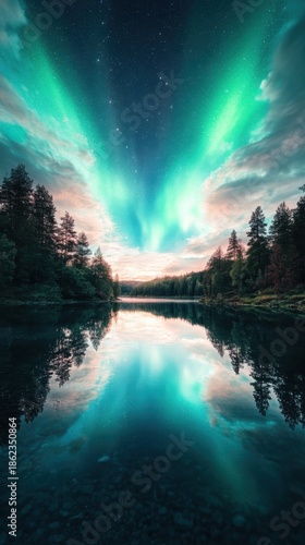 Spectacular Aurora Borealis over a serene lake at night, reflecting the vibrant green and blue lights and starry sky amidst a dark forest landscape.