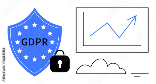 GDPR compliance. GDPR d in data privacy, cloud security, locked data, and growth chart ation. GDPR relevance in security, analytics, cloud computing, and data protection strategies
