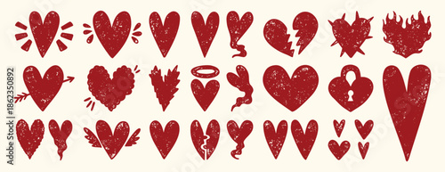 Grunge textured hearts in bold aggressive romantic style, hand drawn distressed red or pink love symbols