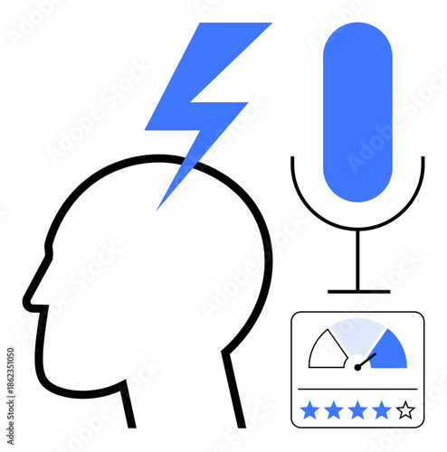 Creativity concept. Creativity with a head and lightning bolt, microphone, and feedback rating icons. Creativity for innovation, communication, user experience, AI tools, and productivity