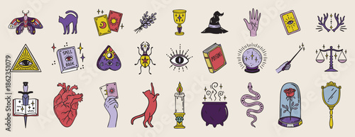 Boho witchy elements set heart, moths and spellbook, all seeing eye and goblet, candle and beetle, snake and rose, astrology symbols hand drawn