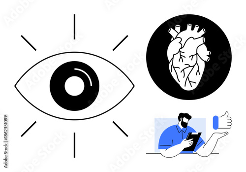 Vision health, anatomy education, medical communication, healthcare, digital interaction, approvals. A large eye, heart diagram and person with thumbs-up. Vision health and anatomy education concept