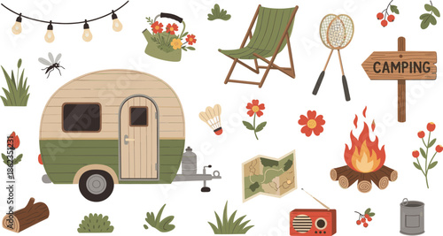 Vintage Camper Van with Camping Gear and Nature Elements