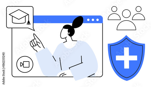 Online learning, virtual classrooms, teleconferencing, health awareness, digital security, teamwork. Woman gesturing on screen with an education icon, shield and user group. Online learning
