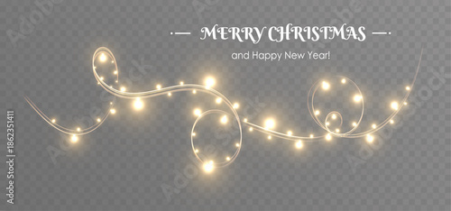 Festive golden glowing fairy light garland swirl for christmas greeting isolated on transparent background
