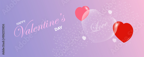 Valentines Day greeting banner with glass morphism effect. 3D red, pink, gold hearts, soft purple background, and heart shape made of matte translucent glass with sparkling edges. Vector illustration