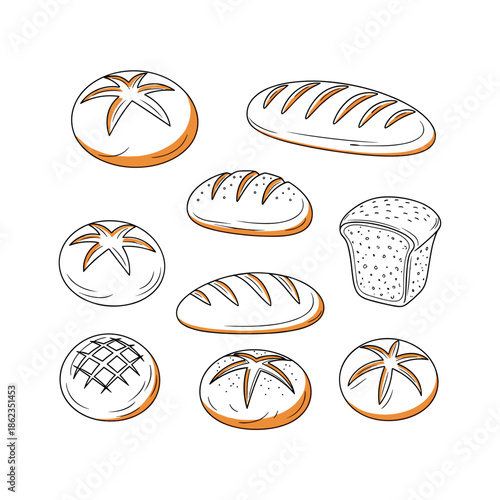 A set of different types of bread. Vector illustration