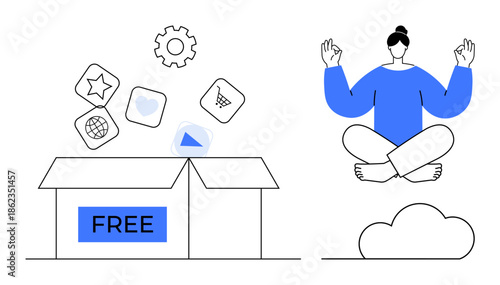 Online resources, mindfulness, digital tools, relaxation, free downloads, personal development. Open box with digital icons. Person meditating on cloud. Mindfulness and online resources concept