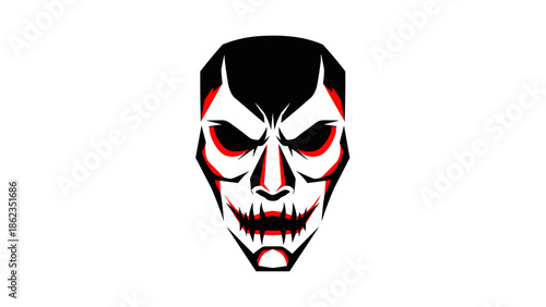 Stylized Vampire Face with Red Eyes and Sharp Teeth.