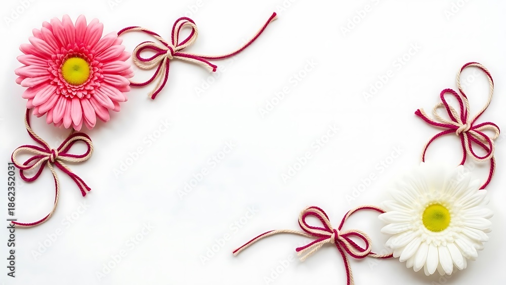 Obraz premium Beautiful pink and white flowers with ribbon on white background