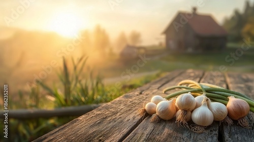 Freshly harvested garlic on a rustic wooden table at sunrise near a countryside farmhouse