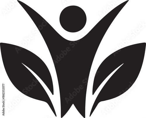 A joyful person silhouette with arms raised embracing nature with two large leaves