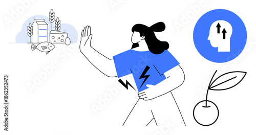 Food allergies illustration. Food allergies with symbols for lactose, fish, and wheat sensitivity. Food allergies awareness for education, healthcare, nutrition, wellness, and lifestyle topics