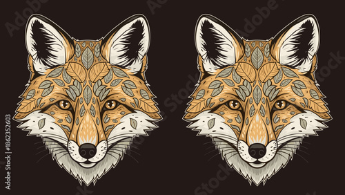 Two intricately designed fox heads with detailed patterns and symmetrical composition.