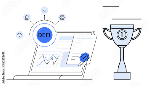 Decentralized Finance ed with a digital chart and certified document on a laptop screen. Achievement trophy highlights success in DeFi. For blockchain, fintech, innovation, investment, and finance