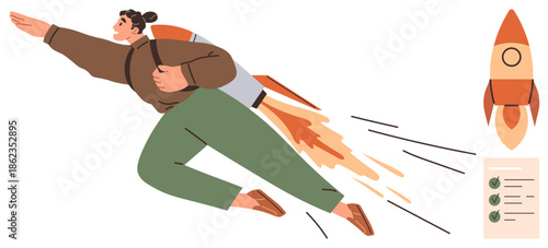 Person with rocket backpack launching forward, checklist and rocket beside them. Ideal for motivation, productivity, growth, success, goals, entrepreneurship achievement. Simple flat metaphor