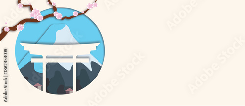  Japanese landscape illustration with torii gate, mountains and sky in circular composition. Minimal flat design inspired by traditional Japan and Shinto culture. Perfect for travel branding, posters