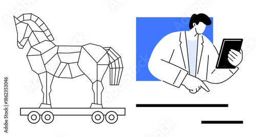 Cybersecurity, IT security, online fraud, digital threat, identity verification, malware. Trojan horse beside a professional holding a tablet. Cybersecurity and IT security idea