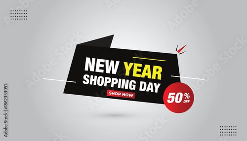 New year shopping day 50% off shop now banner editable eps format design with black and red shapes with white background vector illustration for your business