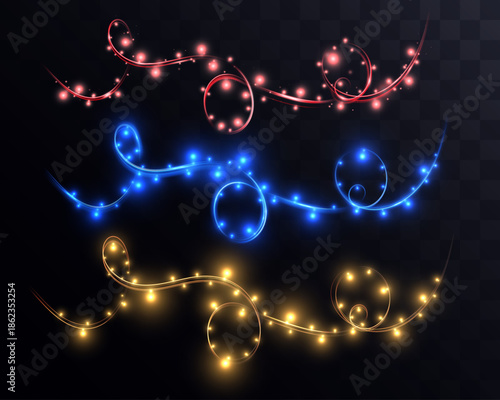 Set of red blue and gold glowing fairy light garlands isolated on transparent dark background
