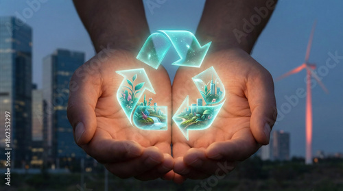 Hands holding a glowing recycle symbol with city and wind turbine background