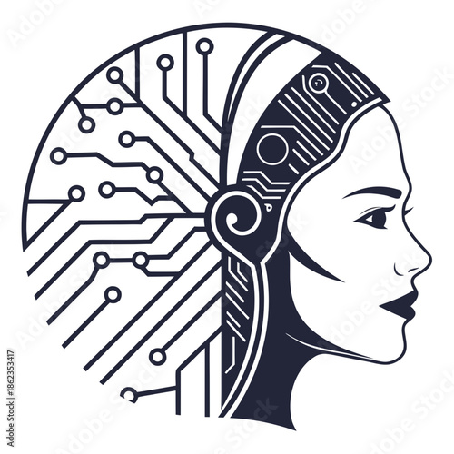 Cybernetic Woman Vector: Profile Illustration of a Female Cyborg with Integrated Circuitry and Neural Network Brain for AI, Transhumanism and Future Tech Concepts