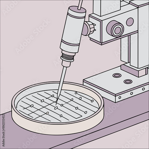 Scientific Laboratory Automation Vector: Flat Line Illustration of a Robotic Pipette Analyzing Samples in a Petri Dish for Biotech Research and Medical R&D Trends