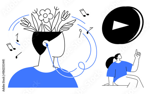 Music inspiration, creativity, relaxation, mindfulness, entertainment design, self-expression. Person with flowers and notes in mind listening to music, play button symbol. Music inspiration