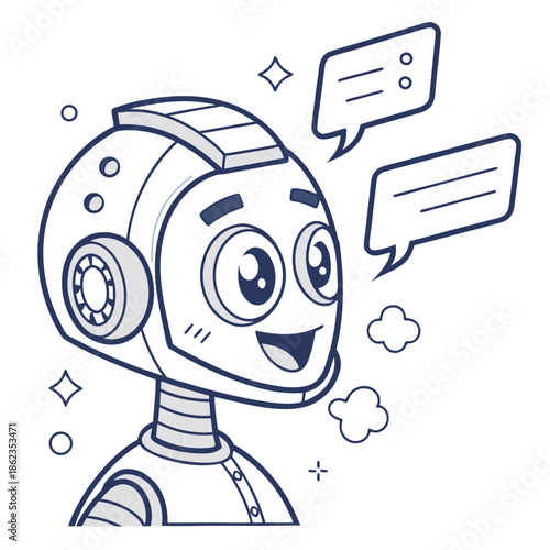 Cute AI Chatbot Vector: Flat Line Illustration of Friendly Robot Assistant with Speech Bubbles for Customer Support, Virtual Helper Avatar and Conversational Interface