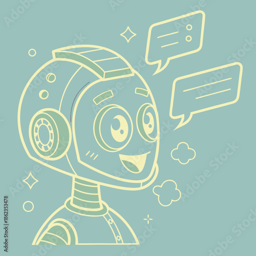 Cute AI Chatbot Vector: Flat Line Illustration of Friendly Robot Assistant with Speech Bubbles for Customer Support, Virtual Helper Avatar and Conversational Interface