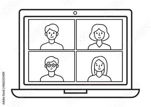 Online Video Meeting Line Illustration, Remote Work and Team Communication