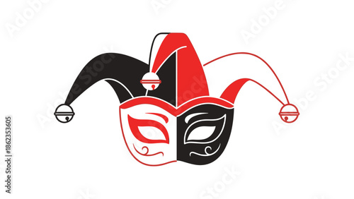Whimsical Jester Mask with Red White and Black Design.