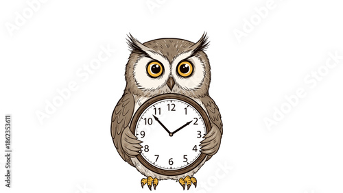 Whimsical Owl Holding a Clock Illustration on White Background.