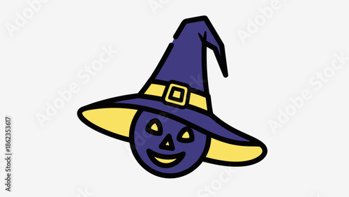 Whimsical Witch Hat Pumpkin Face Halloween Illustration.