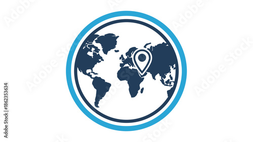 World Map with Location Pin Icon in Blue Circle.