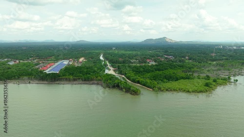 Wide Aerial Orbit of Mangrove Wetland and River Flowing to Coast
