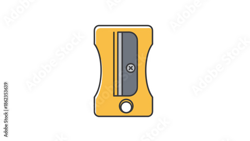 Yellow Pencil Sharpener with Gray Blade and Rounded Edges.