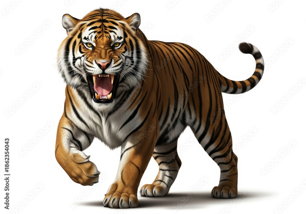 Fototapeta premium Fierce roaring tiger walking forward isolated on white background