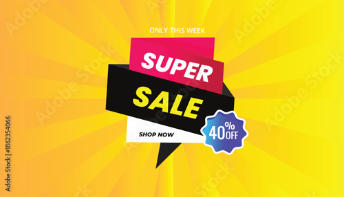 Super Sale 40% off Banner Template Design Editable EPS Format Yellow Background with Gradient Pink, White and Black Shapes Bold Text for Your Business
