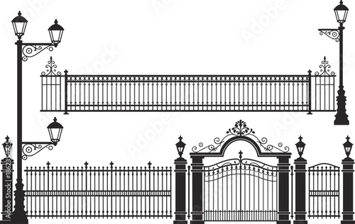 Ornamental wrought iron fence and decorative gate with vintage street lamps, elegant black metal railing vector illustration isolated on white background