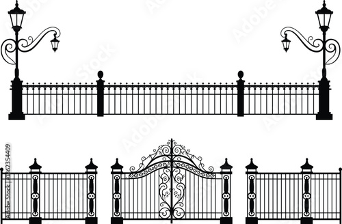 Ornamental wrought iron fence and decorative gate with vintage street lamps, elegant black metal railing vector illustration isolated on white