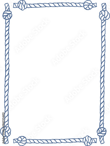 Hand-drawn rectangular rope frame with knots. Simple nautical outline border for marine, coastal, and beach themed designs. Clean vector illustration isolated on white.